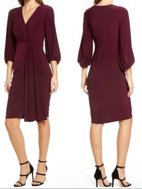 Eliza J Size 14 Burgundy Wrap Look Long Sleeve Jersey Dress Lined Balloon Sleeve